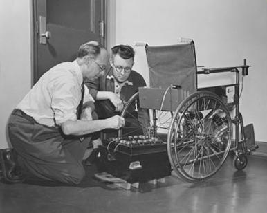 The first wheelchair propulsion was designed by George Klein, in 1950.